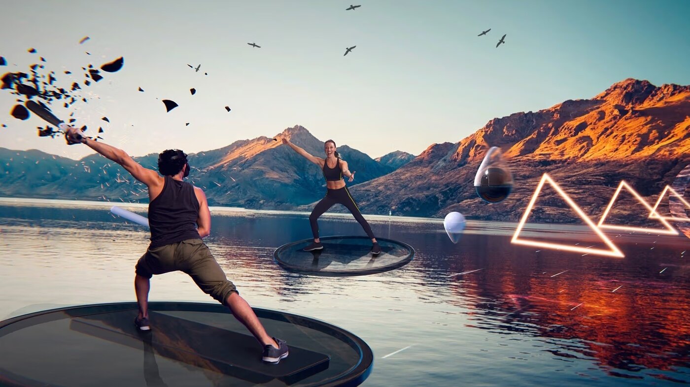 Person wearing VR headset exercising in virtual reality fitness environment with immersive scenic background