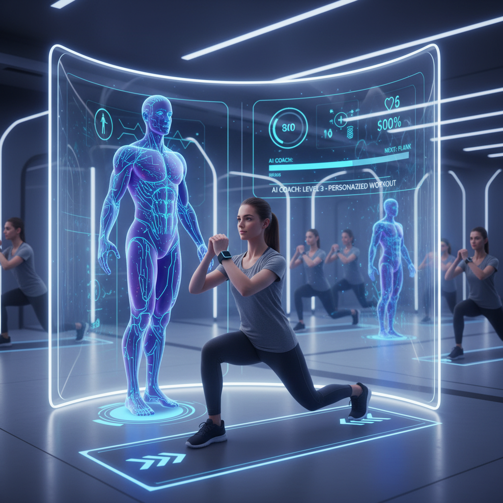 VR fitness app showing AI form correction during a squat exercise.