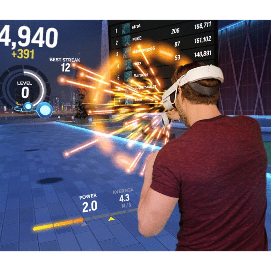 Screenshot of Beat Saber VR fitness app gameplay
