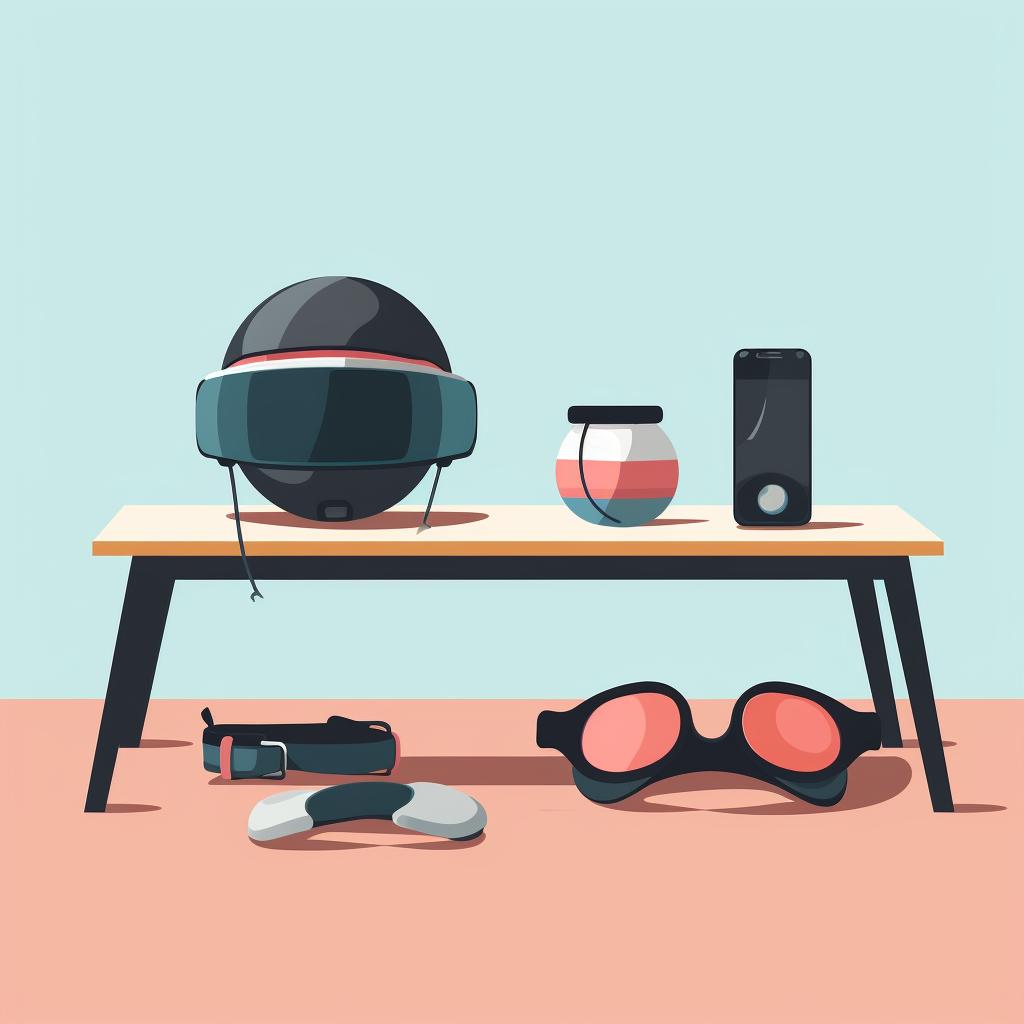 VR headset and other fitness equipment on a table
