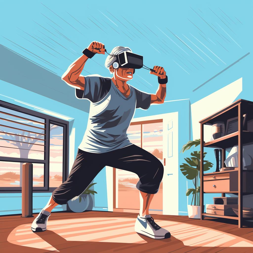 A senior doing a VR fitness workout at home