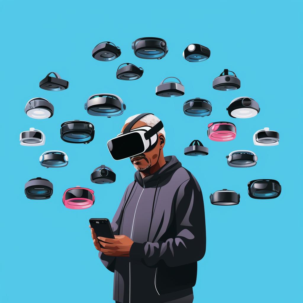 A senior looking at various VR headsets